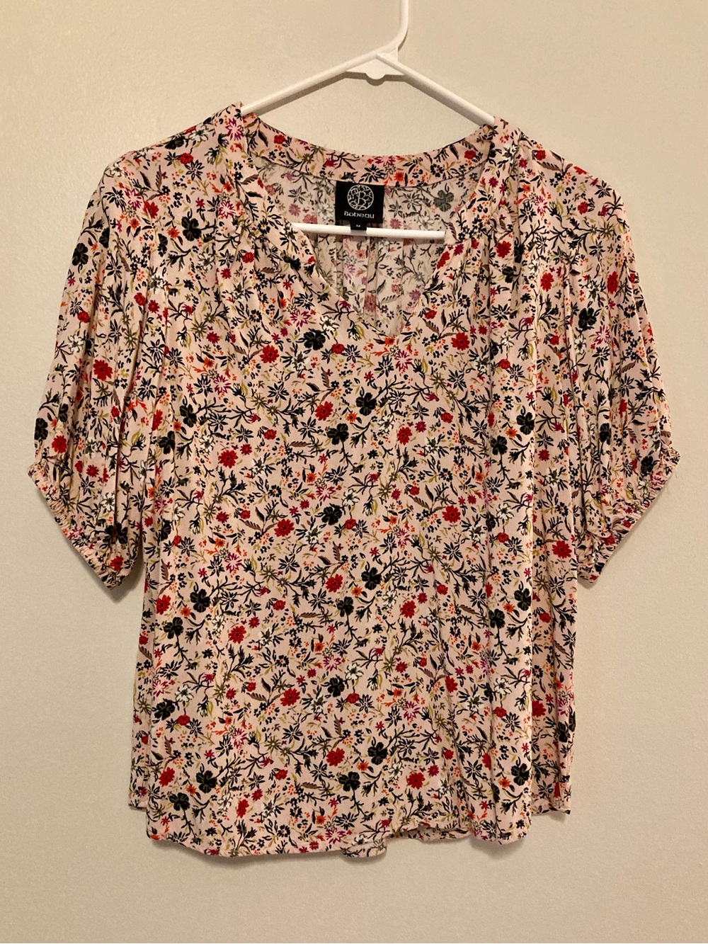 Bobeau Floral V-Neck Short Sleeve Blouse